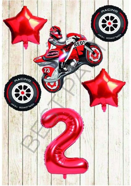 Motorsiklet-Yarış Lastiği ve Kırmızı Rakam Yıldız Folyo Balon Seti Yaş-2