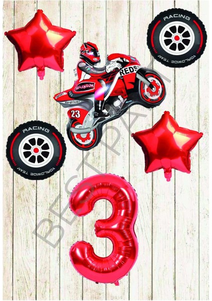 Motorsiklet-Yarış Lastiği ve Kırmızı Rakam Yıldız Folyo Balon Seti Yaş-3