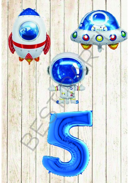Uzay Temalı Mavi Rakamlı Folyo Balon Seti Yaş 5