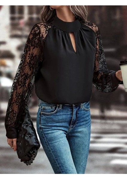 Kadın Uzun Kollu Göğüs Pencere Detay Yaka Boğazlı Kolları Tüllü Sandy Bluz modelleri