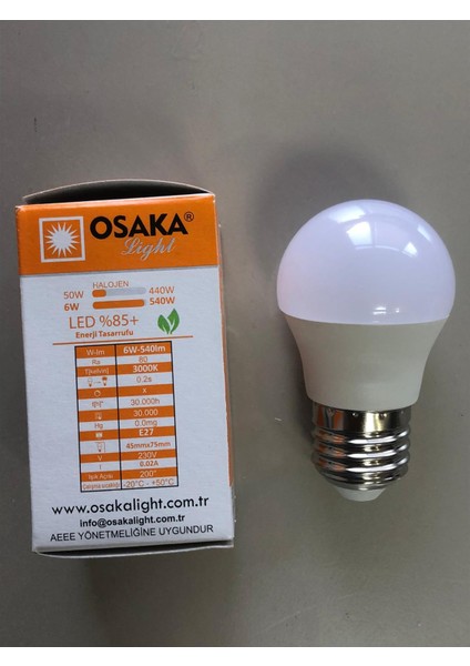 5 Adet Osaka 7W=50W=540 Lümen E 14 Top Ampül 3000K Sarı 45MMX75MM