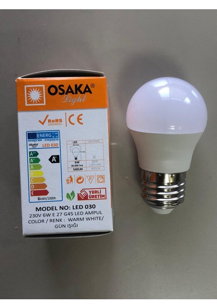 5 Adet Osaka 7W=50W=540 Lümen E 14 Top Ampül 3000K Sarı 45MMX75MM