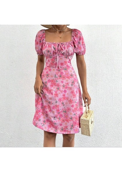 Kadın Kısa Kollu Mini Çiçek Baskılı Bağcık Detay Süprem Midi Boy Elbise fiyatları