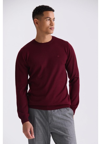 Bordo Regular Fit Bisiklet Yaka Erkek Triko