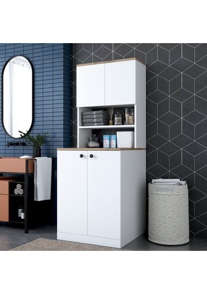 KD102 Çamaşır Makinesi Dolabı Kapaklı 3 Raflı Üst Dolaplı Banyo Dolabı Beyaz - Sepet Ceviz