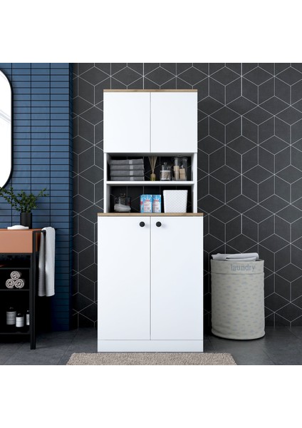 KD102 Çamaşır Makinesi Dolabı Kapaklı 3 Raflı Üst Dolaplı Banyo Dolabı Beyaz - Sepet Ceviz modelleri