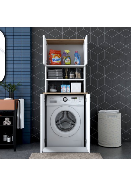 KD102 Çamaşır Makinesi Dolabı Kapaklı 3 Raflı Üst Dolaplı Banyo Dolabı Beyaz - Sepet Ceviz fırsatları
