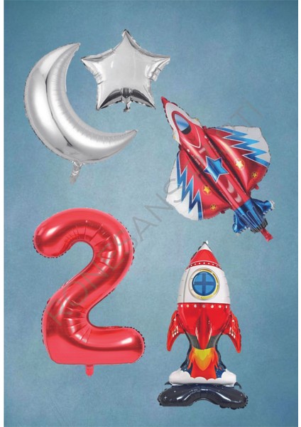 Uzay Temalı Astronot Uçak Rakam Ay Yıldız Folyo Balon Seti Yaş 2