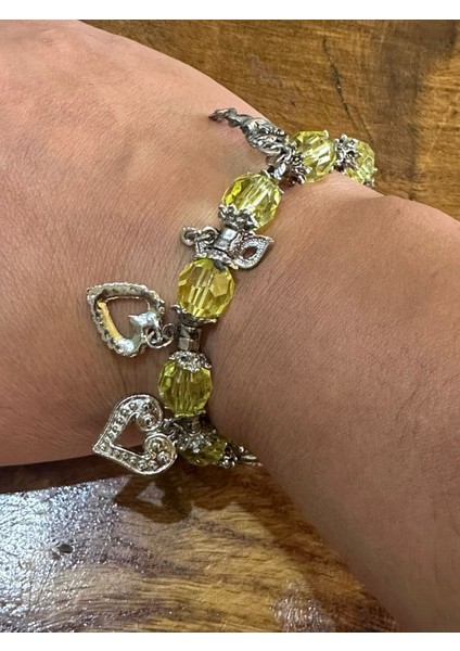 Boncuklu Kalpli Yapraklı Tasarım Kadın Bileklik Lastikli