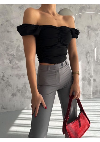 Be Chic Kadın Kare Yaka Kısa Kollu Büzgü Drape Detaylı Sandy Crop Bluz SRA3000-2