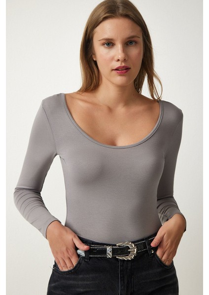 Kadın Uzun Kollu Ön Arka Geniş U Yaka Viskon Kumaş Düz Basic Body BLZ33789