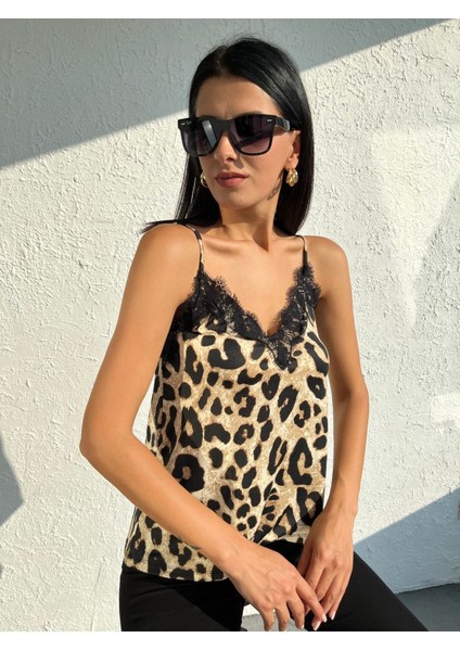 Be Chic Kadın Bej Siyah Leopar Desenli Dantelli Atlet BLZ1004