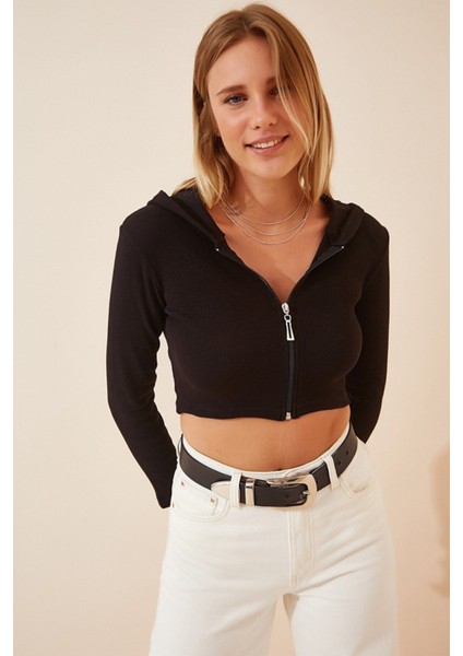 Be Chic Siyah Fermuarlı Kapişonlu Crop Bluz