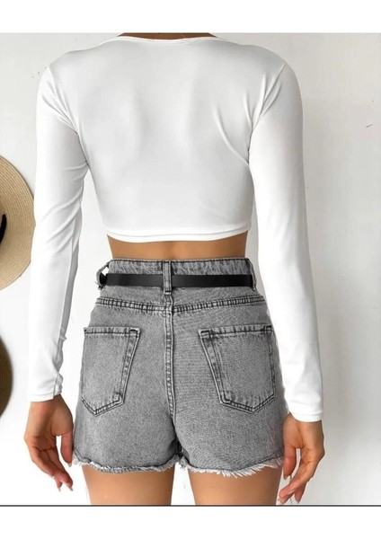 Kadın Beyaz V Yaka Crop Bluz Uzun Kol Tasarımı ile Şık ve Rahat Polyester fiyatları