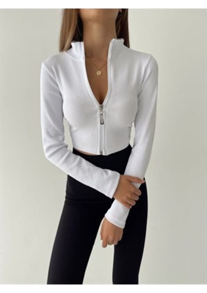 Beyaz Fermuarlı Fitilli Crop Bluz