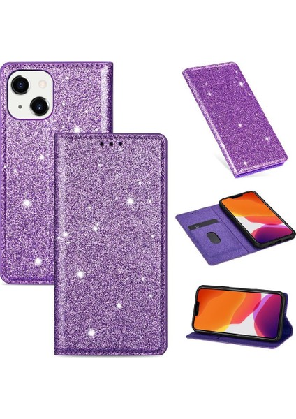 IPhone 14 Artı Pu Deri Manyetik Kapatma Kartı Için Glitter Flip Case (Yurt Dışından)