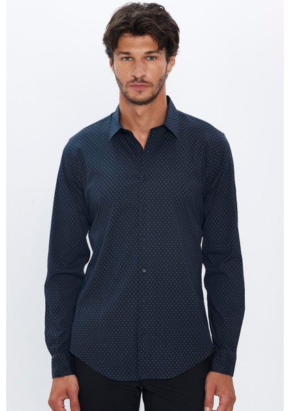 Erkek Slim Fit Dar Kesim Pamuklu Baskılı Lacivert Gömlek fırsatları