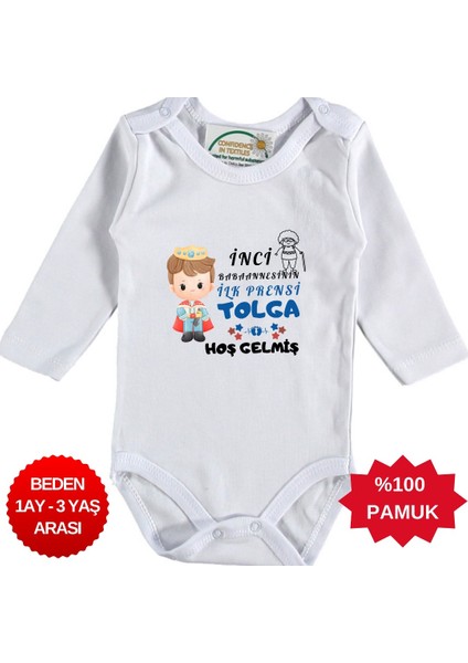 Babaannesinin Ilk Prensi Hoş Gelmiş Yazılı Kişiye Özel Erkek Bebek Zıbın