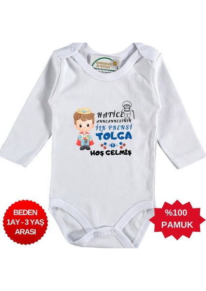 Anneannesinin Ilk Prensi Hoş Gelmiş Yazılı Kişiye Özel Erkek Bebek Zıbın