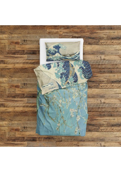 Almond Blossoms & Kanagawa Oki Nami Ura Çift Taraflı Nevresim Takımı - 200 cm x 220 cm