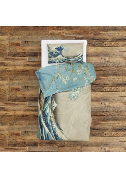 Almond Blossoms & Kanagawa Oki Nami Ura Çift Taraflı Nevresim Takımı - 200 cm x 220 cm fırsatları