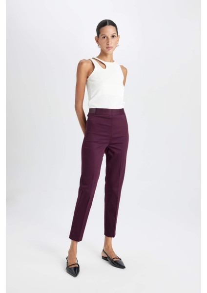 Sigaret Saten Kumaş Pantolon Bordo Normal Bel Basic Düz Beli Lastikli Düz Paça J8743AZ24WN