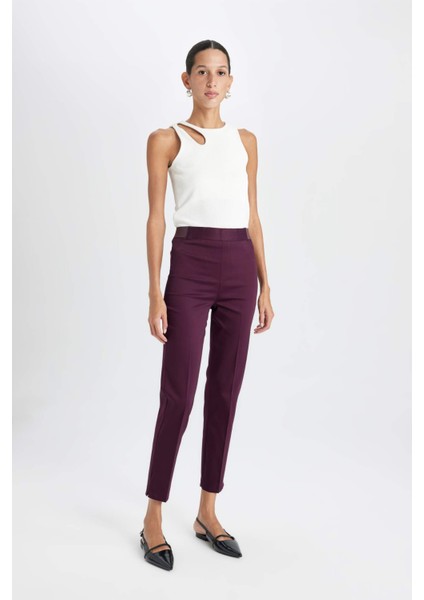 Sigaret Saten Kumaş Pantolon Bordo Normal Bel Basic Düz Beli Lastikli Düz Paça J8743AZ24WN