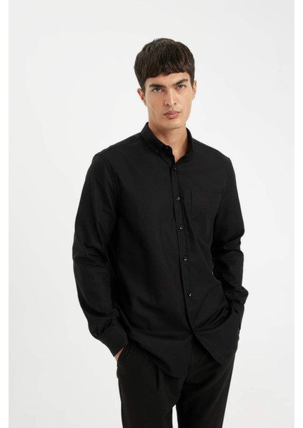 %100 Pamuk Regular Fit Polo Yaka Oxford Basic Düz Uzun Kollu Siyah Gömlek A8028AX24AU