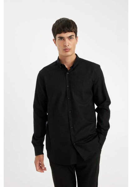 %100 Pamuk Regular Fit Polo Yaka Oxford Basic Düz Uzun Kollu Siyah Gömlek A8028AX24AU