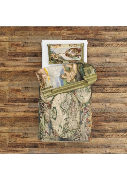 Antik Dünya Haritası & Adem'in Yaratılışı Çift Taraflı Nevresim Takımı - 200 cm x 220 cm