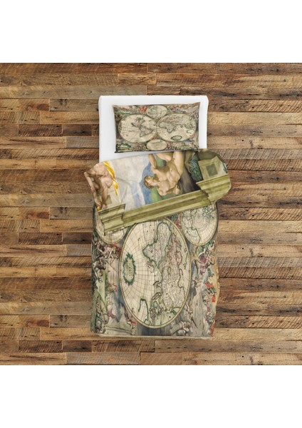 Antik Dünya Haritası & Adem'in Yaratılışı Çift Taraflı Nevresim Takımı - 200 cm x 220 cm