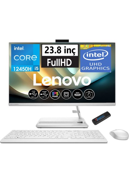 Ideacentre 3 Intel Core I5 12450H 16GB 512GB SSD WIN11PRO 23.8 IPS All In One Bilgisayar AIOF0GH01GBTR47+ZETTAUSBBELLEK