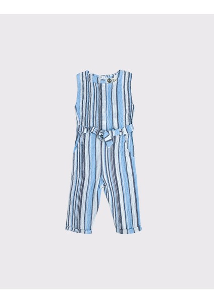 Desenli Kuşaklı Keten Çocuk Tulum