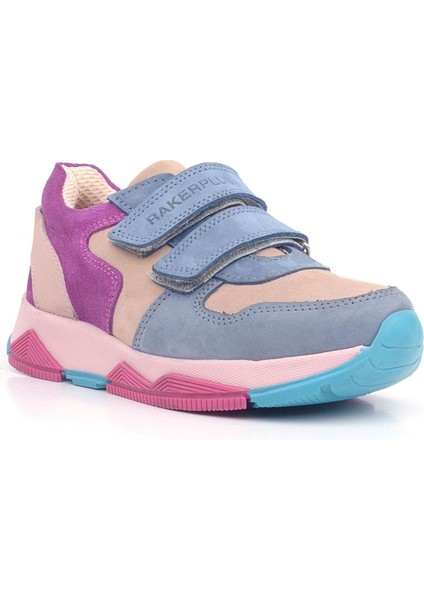 Hakiki Deri Pudra Mavi Fuşya Çocuk Sneakers Spor Ayakkabı