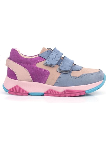 Hakiki Deri Pudra Mavi Fuşya Çocuk Sneakers Spor Ayakkabı