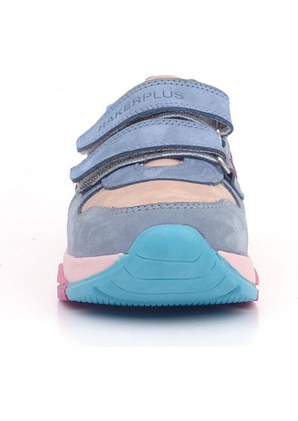Hakiki Deri Pudra Mavi Fuşya Çocuk Sneakers Spor Ayakkabı