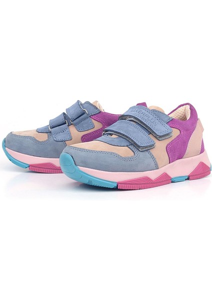 Hakiki Deri Pudra Mavi Fuşya Çocuk Sneakers Spor Ayakkabı