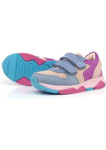 Hakiki Deri Pudra Mavi Fuşya Çocuk Sneakers Spor Ayakkabı