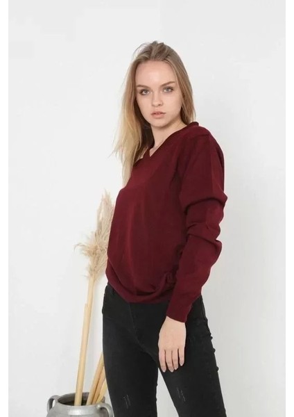 Defy Moda Unisex Uzun Kol V Yaka Triko Kazak - Bordo