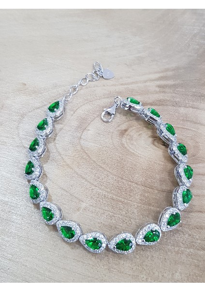 Yeşil Taşlı Su Damlası Modeli Gümüş Bileklik