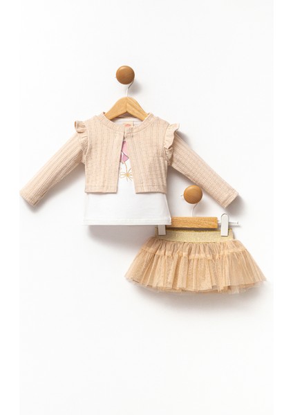 Kız Bebek Alt Üst Üçlü Takım Pamuklu Uzun Kollu Hırkalı Baskılı Tişörtlü ve Tüllü Etekli