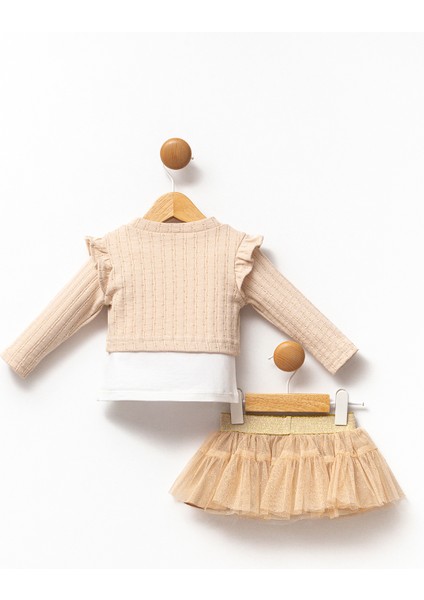 Kız Bebek Alt Üst Üçlü Takım Pamuklu Uzun Kollu Hırkalı Baskılı Tişörtlü ve Tüllü Etekli fiyatları