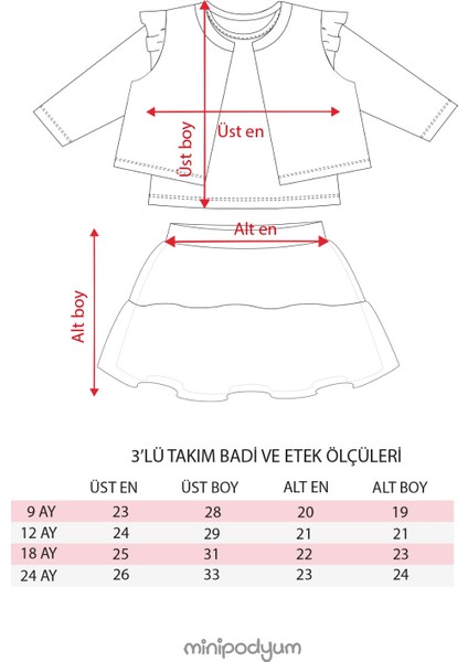 Kız Bebek Alt Üst Üçlü Takım Pamuklu Uzun Kollu Hırkalı Baskılı Tişörtlü ve Tüllü Etekli