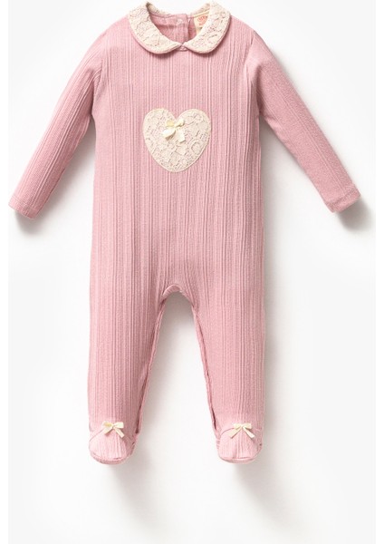 Uzun Kollu %100 Pamuk Bebe Yaka Hediyelik Kız Bebek Patikli Tulum 3-9 Ay