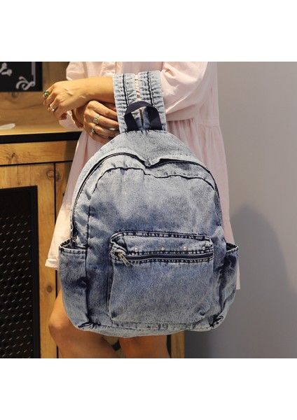 Yıkamalı Mavi Kot / Denim Sırt Çantası