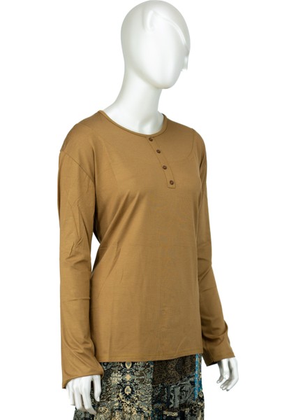 Kadın Klasik Düğme Desenli Yuvarlak Yaka Büyük Viskon Penye Anne Bluz modelleri