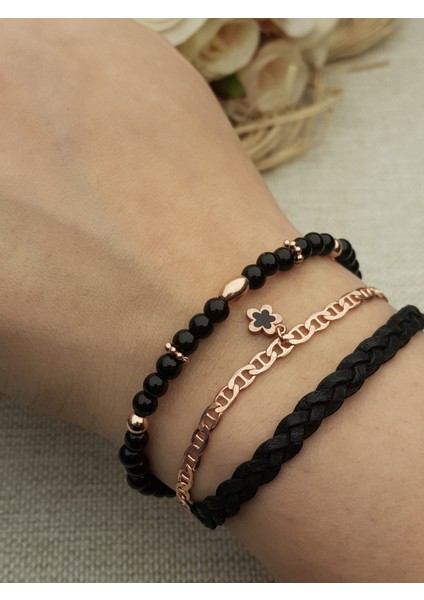Oniks Taş Deri Tasarım Gümüş Bileklik 3 Sıra
