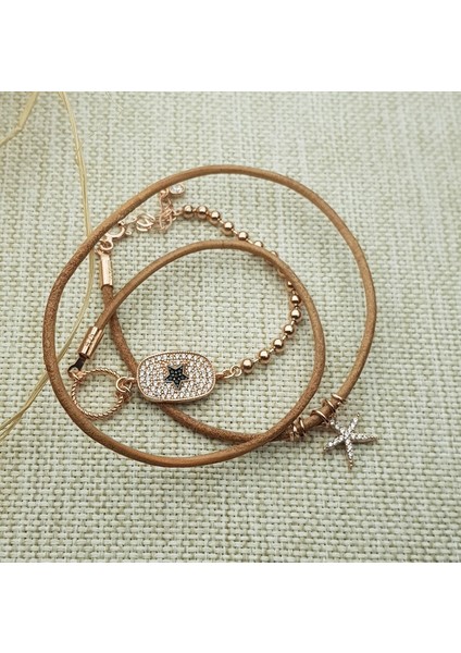 Taba Renkli Deri Yıldız Gümüş Bileklik 2 Sıra Dolamalı