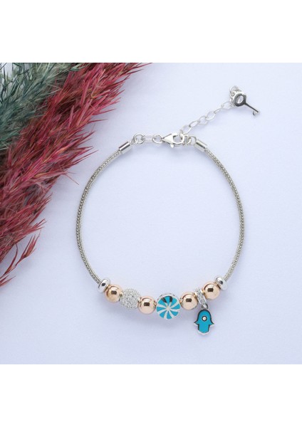 Fatma Ana Eli (Fatima Hand) Figürlü 925 Ayar Gümüş Charm Bileklik