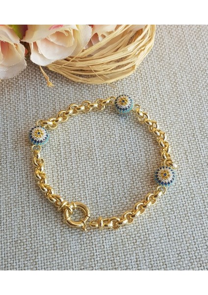 Altın Kaplama Nazar Boncuklu Hallow Gümüş Bileklik